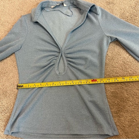 Zara light blue shimmer metallic glitter long sleeve keyhole collared blouse top - Picture 15 of 16